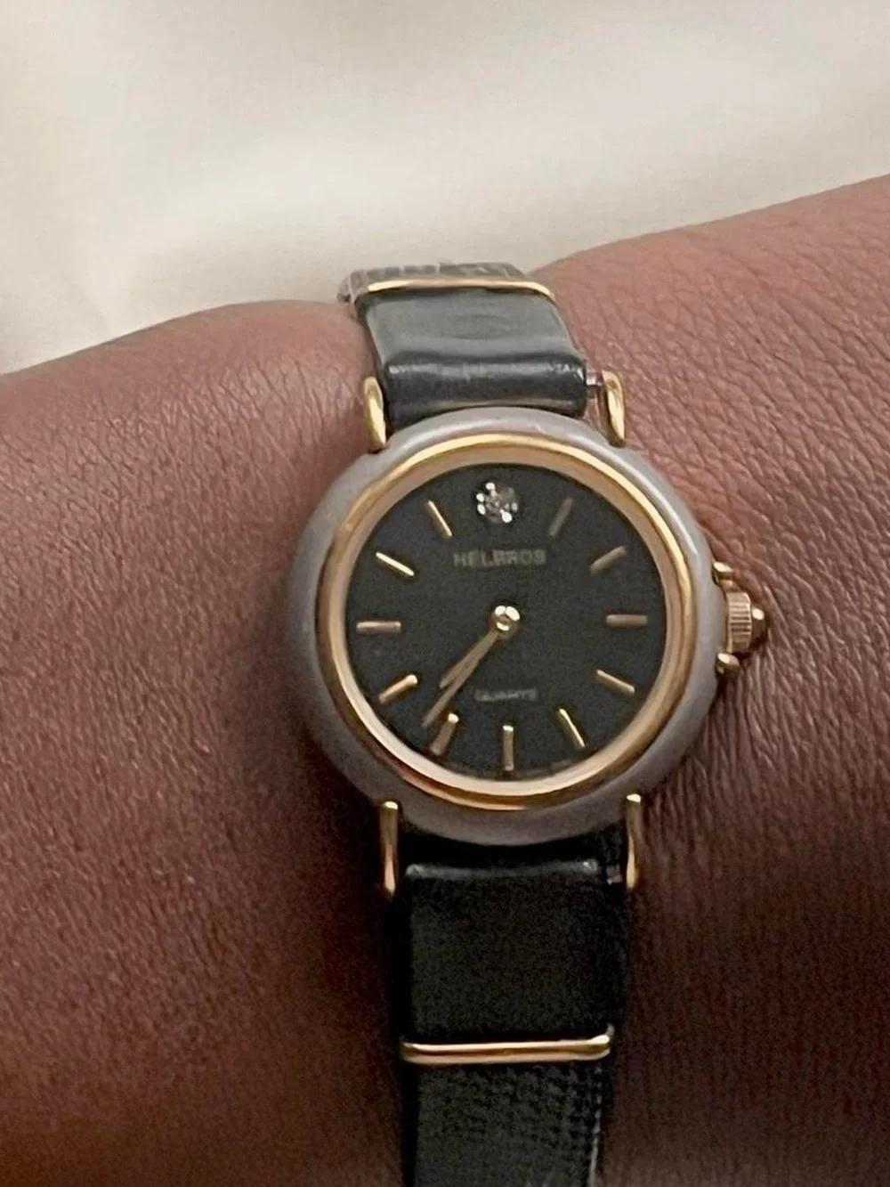 Timeless Vintage Helbros Black Leather Women's Wristwatch - Gold Accents